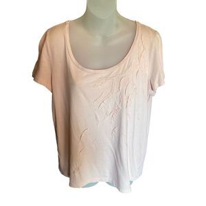 Talbots Top Blouse Scoop Neck Short Sleeve Peach Pink Leaf Appliqué Petite Large